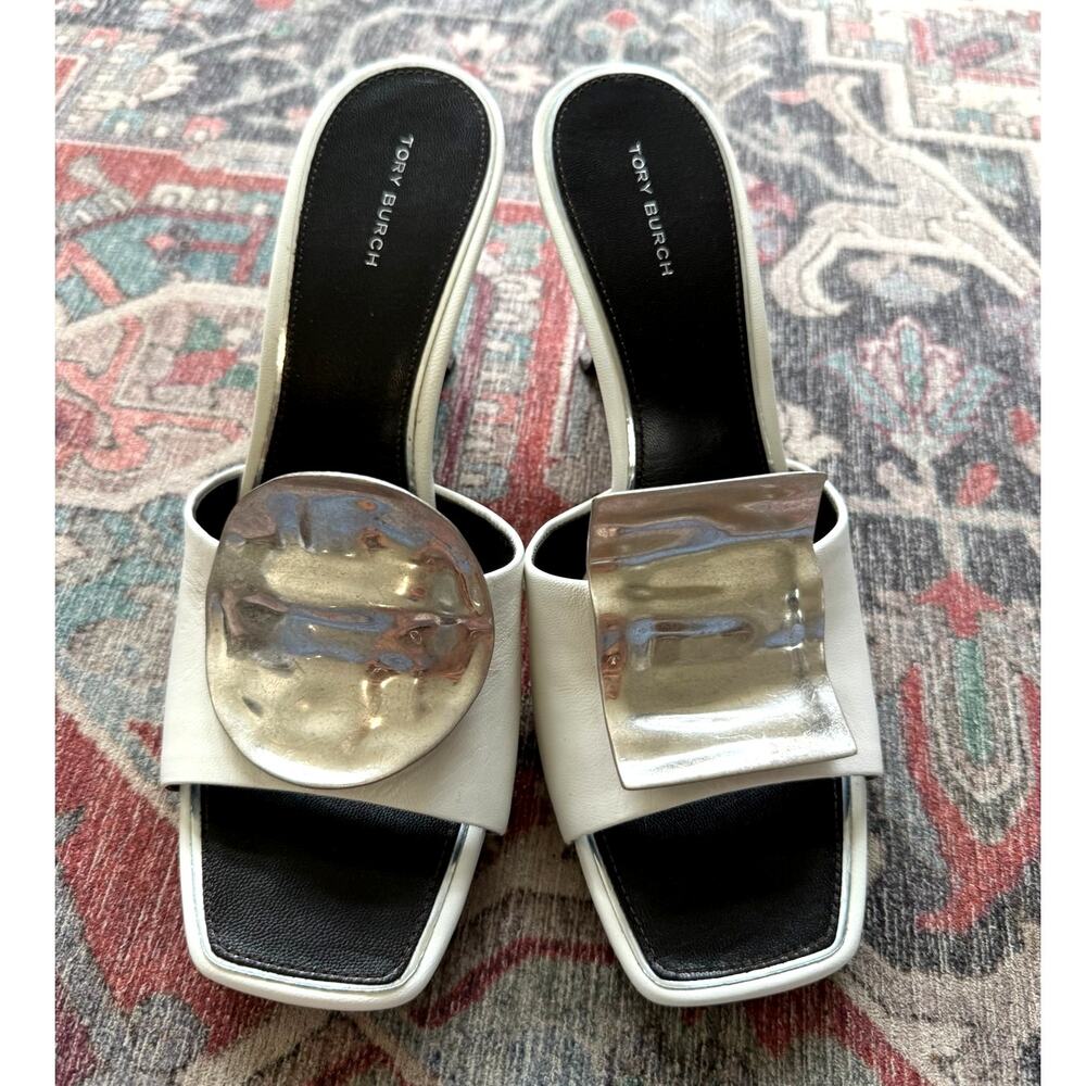 Tory Burch New Patos Mismatched Heel Sandal In Purity White Coco Silver Size 9.5